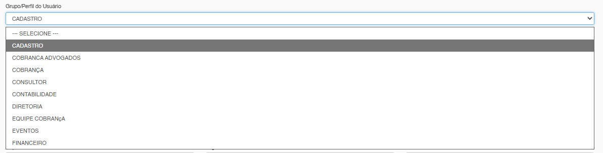 Dropdown Grupo/Perfil do Usuário com a opção CADASTRO