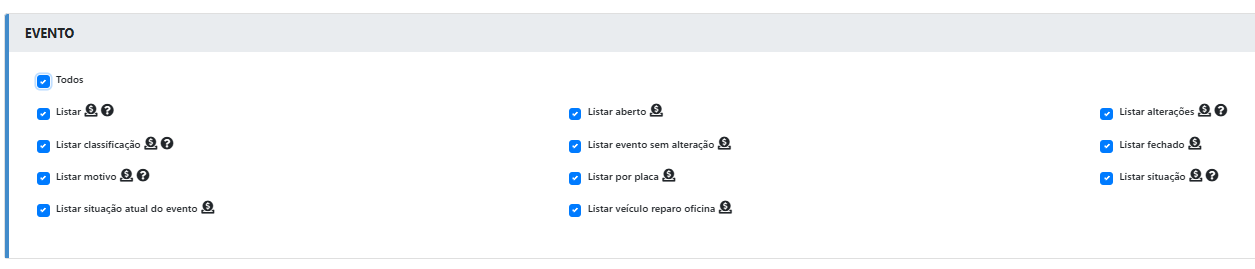 Seção EVENTO com todas as permissões marcadas