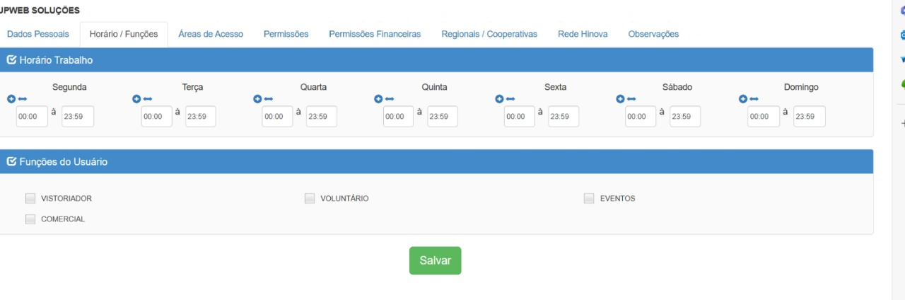 Aba Horário/Funções com horários de 00:00 até 23:59