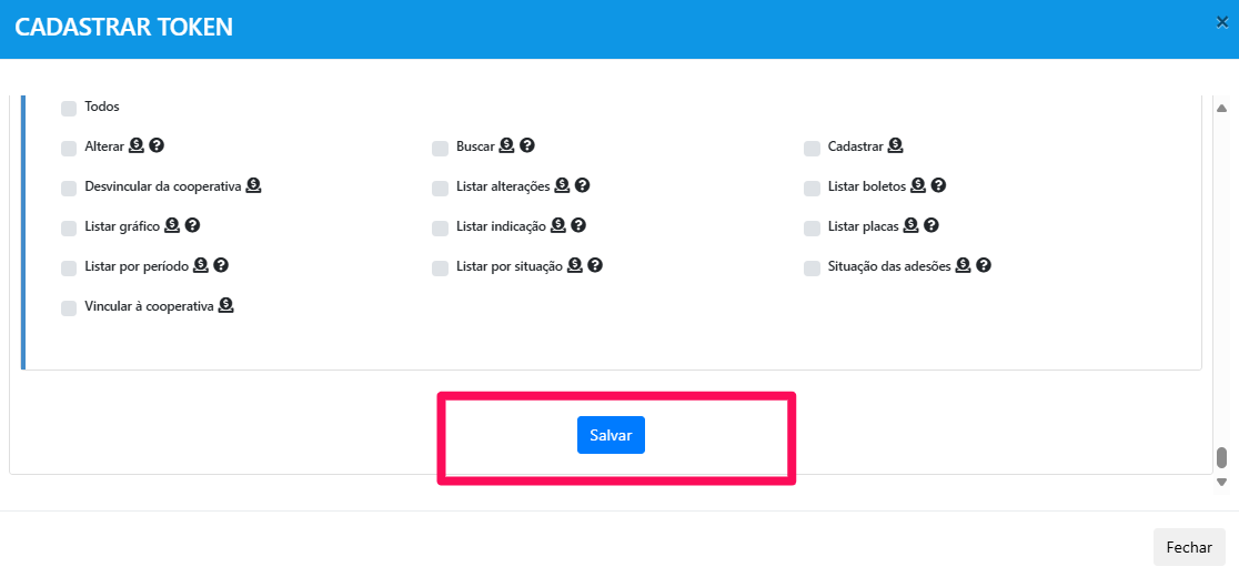 Botão Salvar ao final do cadastro do token