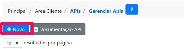 Botão + Novo na tela Gerenciar APIs