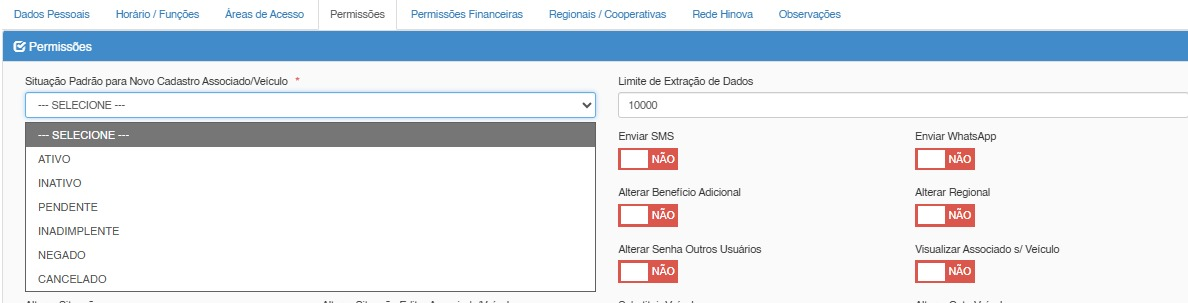 Aba Permissões com situação ATIVO e limite 10000