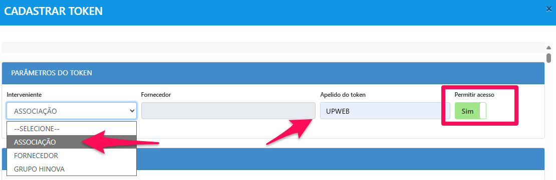 Parâmetros do Token: Associação, apelido UPWEB e Permitir acesso SIM