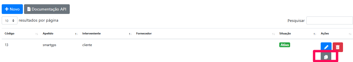 Ícone cinza de copiar token na coluna Ações