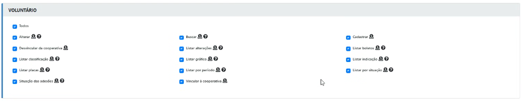 Seção VOLUNTÁRIO com todas as permissões marcadas