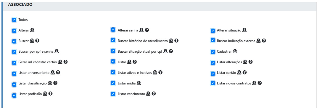 Seção ASSOCIADO com todas as permissões marcadas